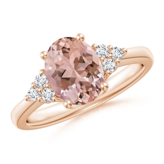 9x7mm AAAA Solitaire Oval Morganite Ring with Trio Diamond Accents in Rose Gold