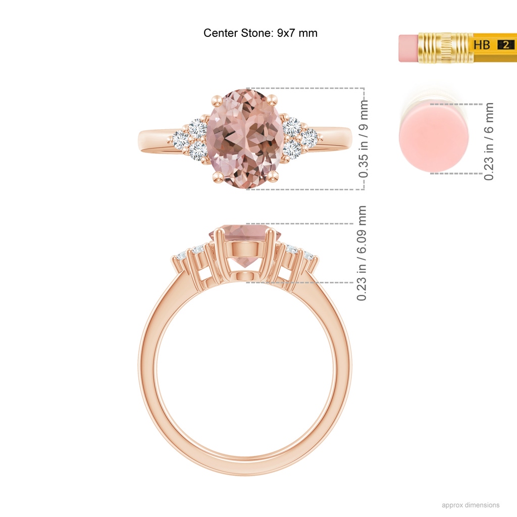 9x7mm AAAA Solitaire Oval Morganite Ring with Trio Diamond Accents in Rose Gold ruler