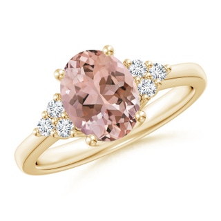 9x7mm AAAA Solitaire Oval Morganite Ring with Trio Diamond Accents in Yellow Gold