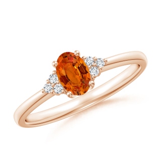 6x4mm AAAA Solitaire Oval Orange Sapphire Ring with Trio Diamond Accents in Rose Gold