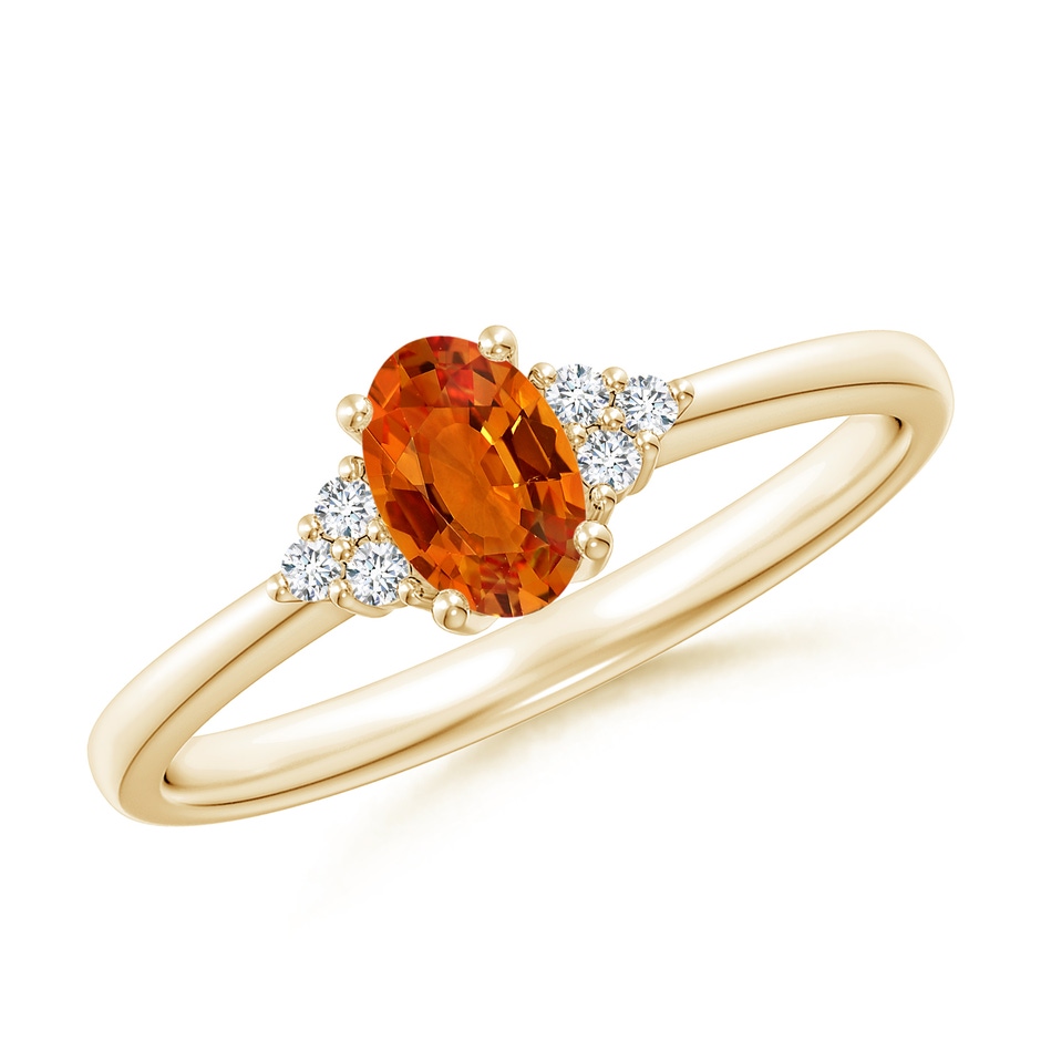 6x4mm AAAA Solitaire Oval Orange Sapphire Ring with Trio Diamond Accents in Yellow Gold 