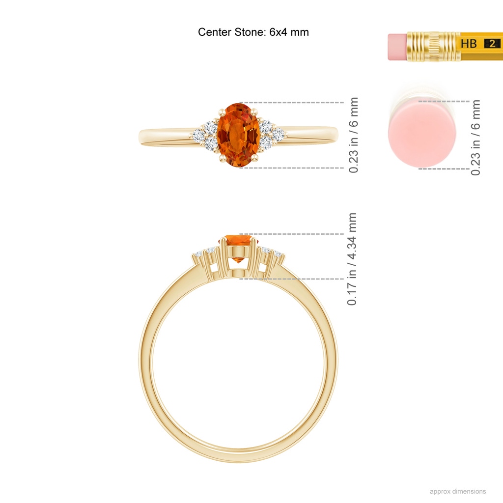 6x4mm AAAA Solitaire Oval Orange Sapphire Ring with Trio Diamond Accents in Yellow Gold Ruler