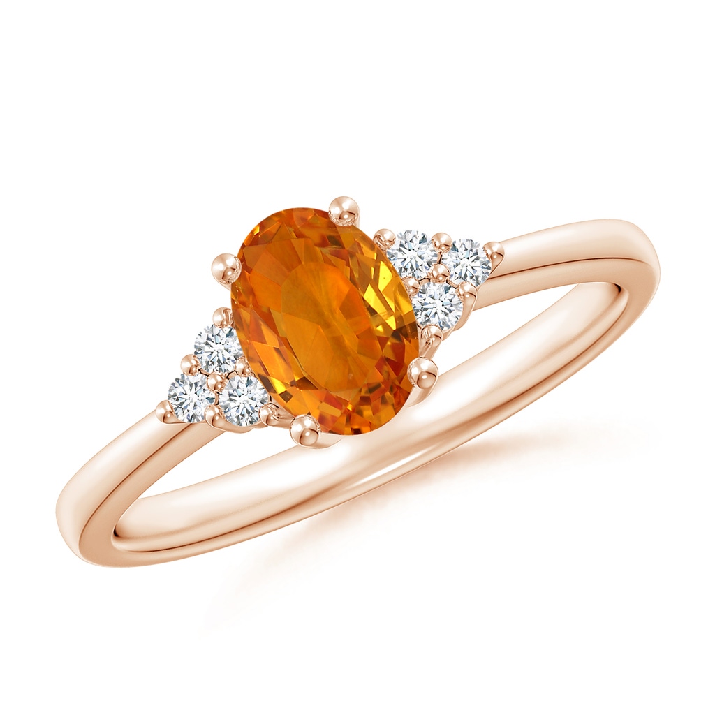 7x5mm AAA Solitaire Oval Orange Sapphire Ring with Trio Diamond Accents in Rose Gold