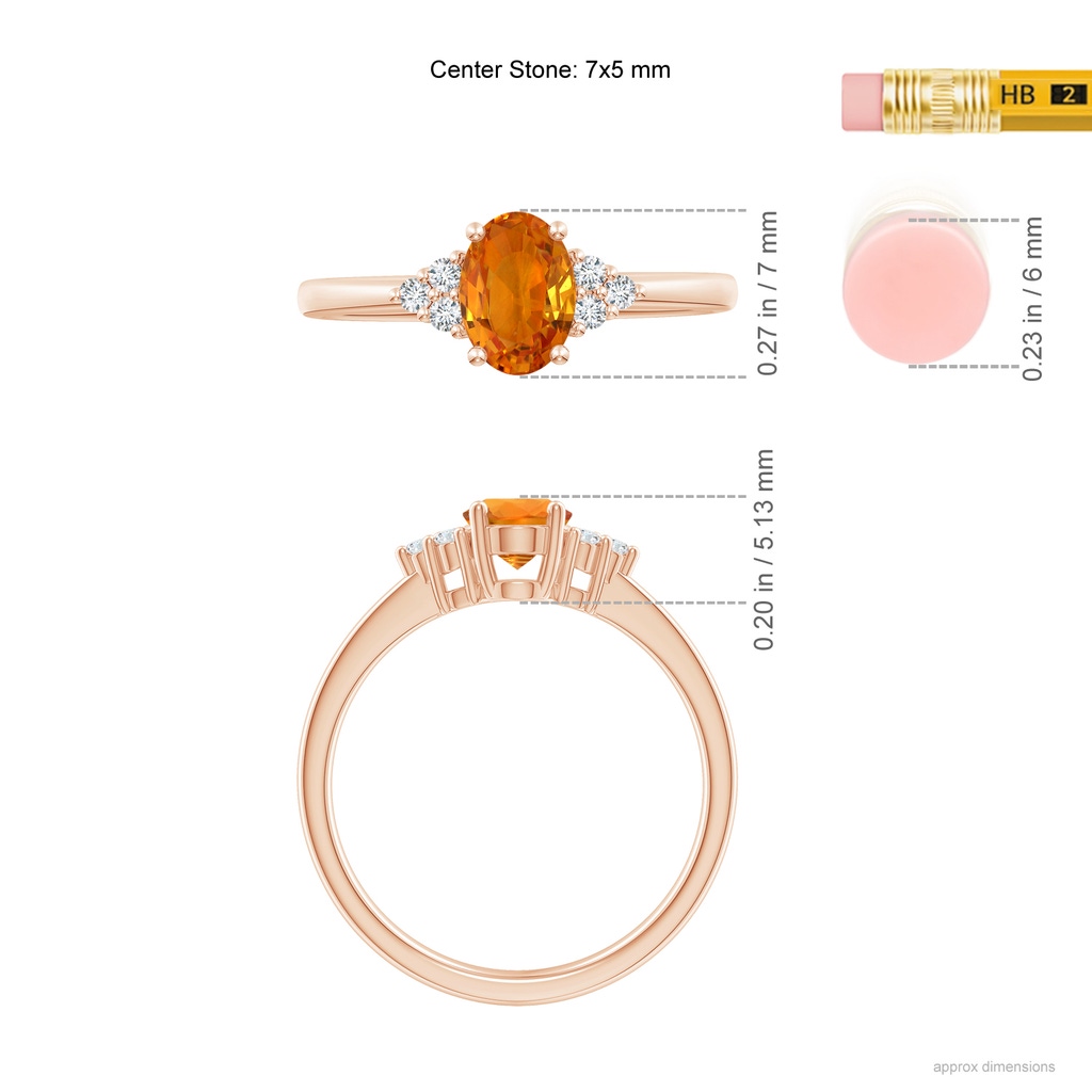 7x5mm AAA Solitaire Oval Orange Sapphire Ring with Trio Diamond Accents in Rose Gold Ruler