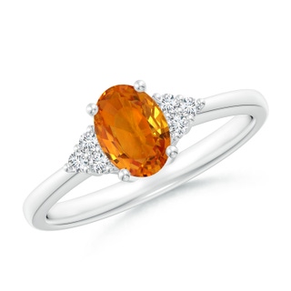 7x5mm AAA Solitaire Oval Orange Sapphire Ring with Trio Diamond Accents in White Gold