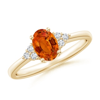 7x5mm AAAA Solitaire Oval Orange Sapphire Ring with Trio Diamond Accents in Yellow Gold