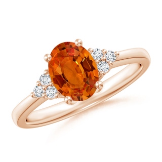 8x6mm AAAA Solitaire Oval Orange Sapphire Ring with Trio Diamond Accents in Rose Gold