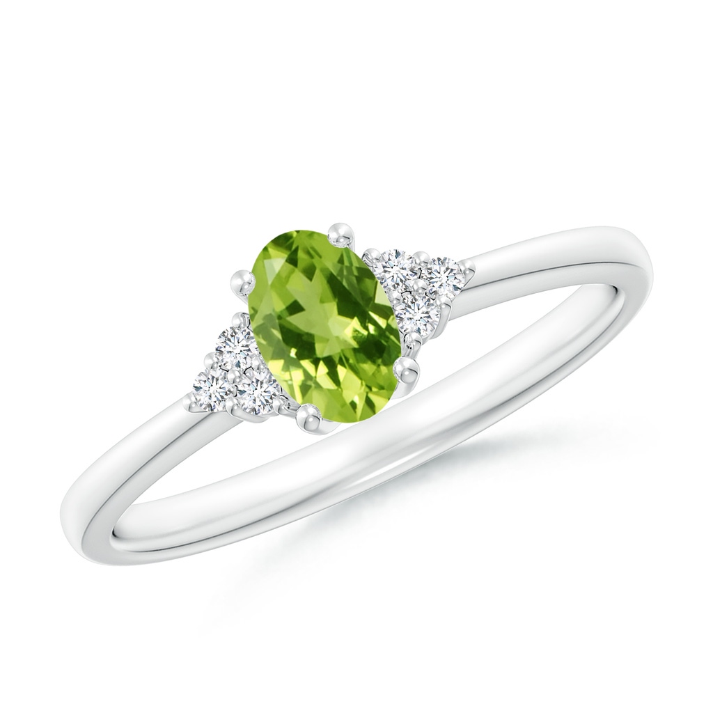 6x4mm AAA Solitaire Oval Peridot Ring with Trio Diamond Accents in White Gold