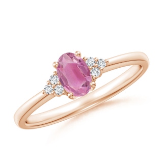 6x4mm AA Solitaire Oval Pink Tourmaline Ring with Trio Diamond Accents in Rose Gold