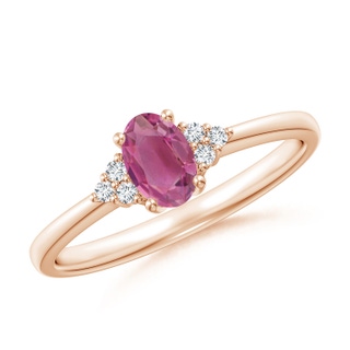 6x4mm AAA Solitaire Oval Pink Tourmaline Ring with Trio Diamond Accents in Rose Gold