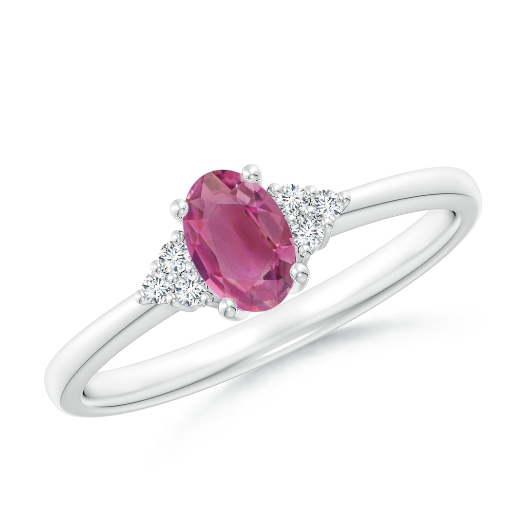 6x4mm AAA Solitaire Oval Pink Tourmaline Ring with Trio Diamond Accents in White Gold