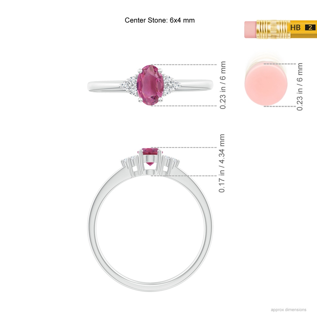 6x4mm AAA Solitaire Oval Pink Tourmaline Ring with Trio Diamond Accents in White Gold Ruler