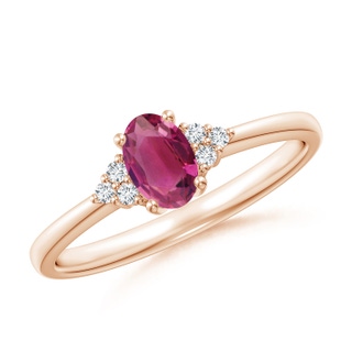 6x4mm AAAA Solitaire Oval Pink Tourmaline Ring with Trio Diamond Accents in Rose Gold