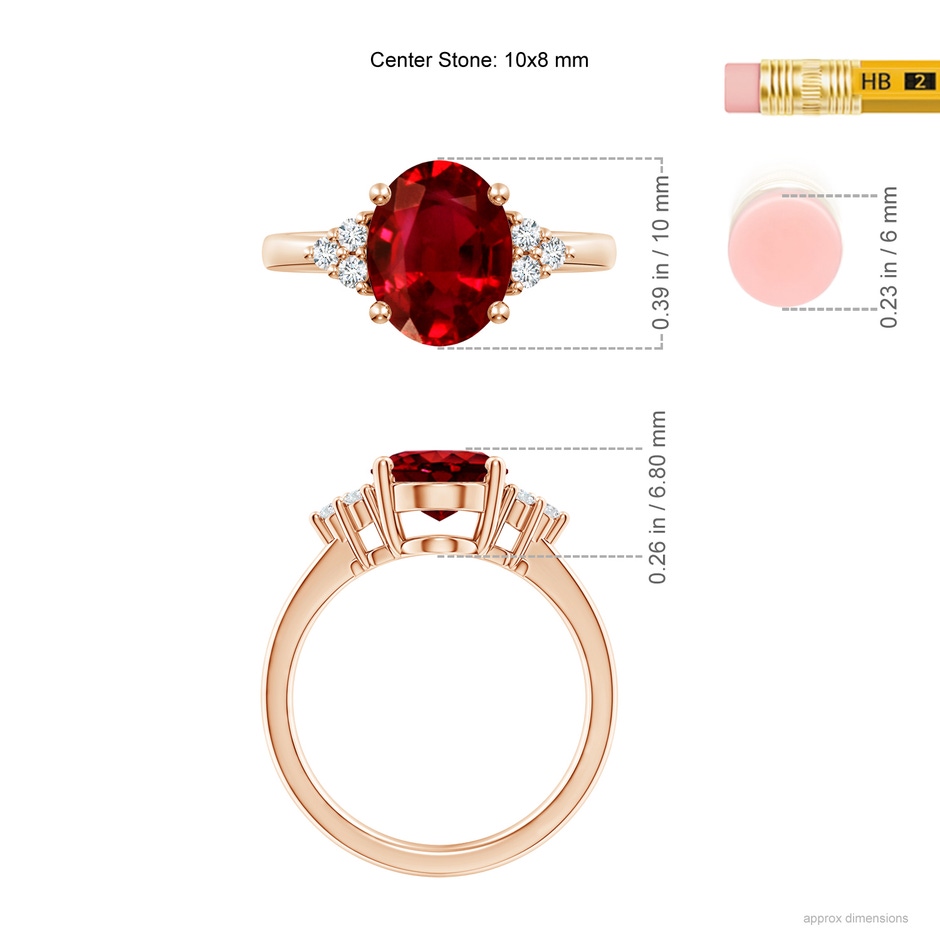 10x8mm AAAA Solitaire Oval Ruby and Diamond Promise Ring in Rose Gold ruler