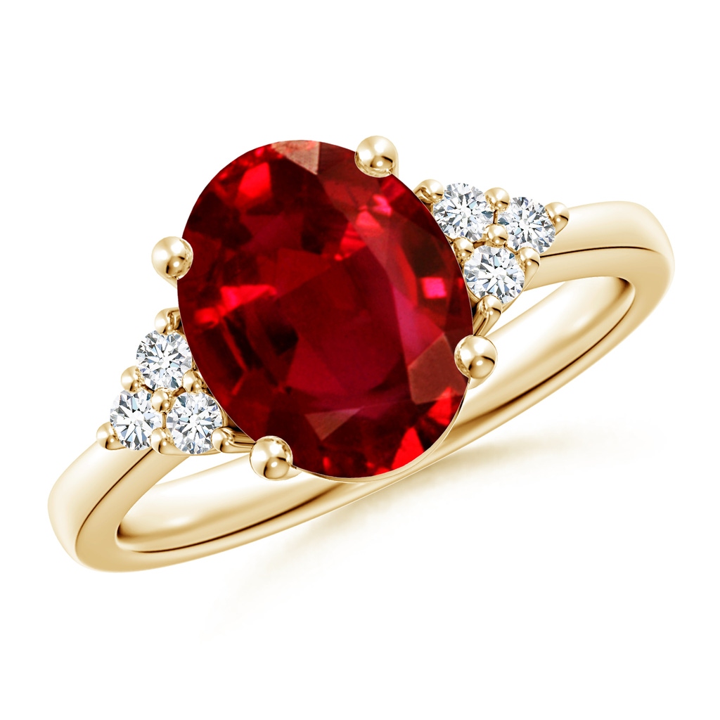 10x8mm AAAA Solitaire Oval Ruby and Diamond Promise Ring in Yellow Gold