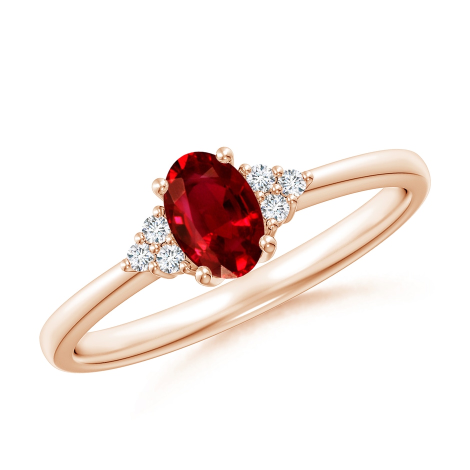 6x4mm AAAA Solitaire Oval Ruby and Diamond Promise Ring in Rose Gold 