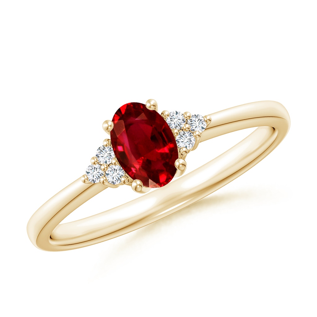 6x4mm AAAA Solitaire Oval Ruby and Diamond Promise Ring in Yellow Gold