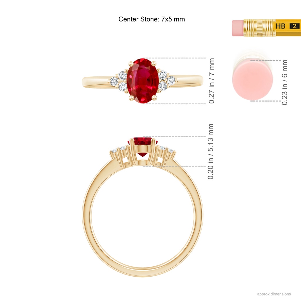 7x5mm AAA Solitaire Oval Ruby and Diamond Promise Ring in Yellow Gold ruler