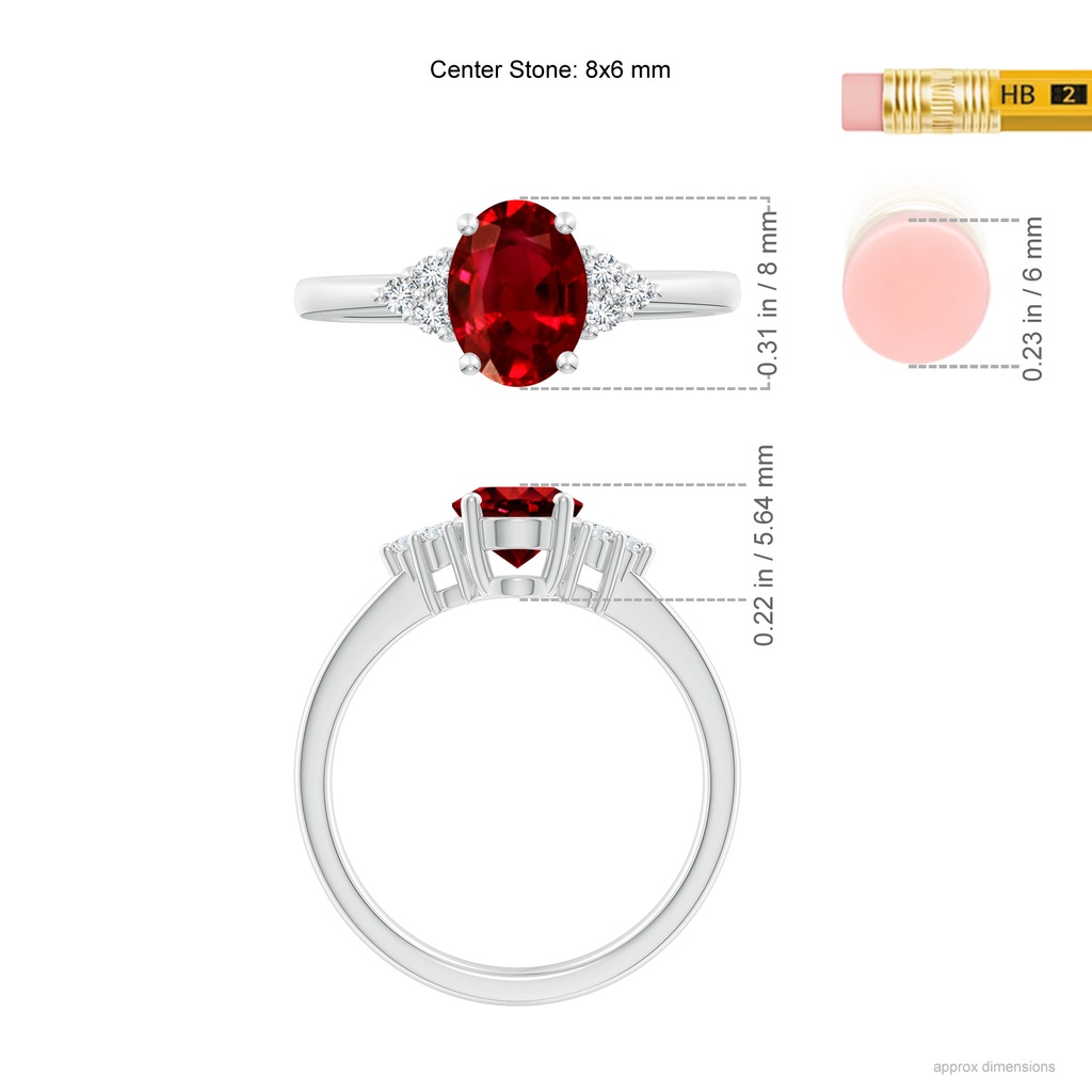 8x6mm AAAA Solitaire Oval Ruby and Diamond Promise Ring in P950 Platinum ruler