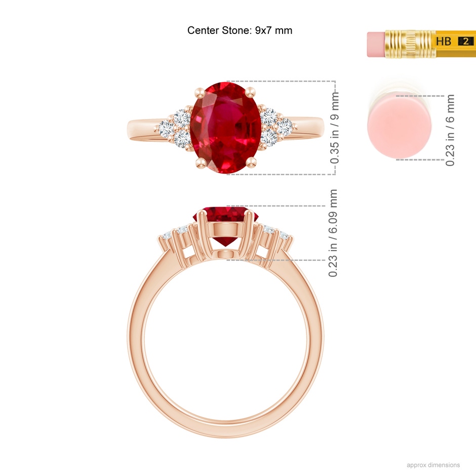 9x7mm AAA Solitaire Oval Ruby and Diamond Promise Ring in Rose Gold ruler