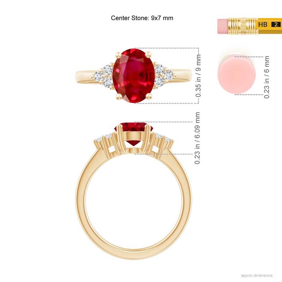9x7mm AAA Solitaire Oval Ruby and Diamond Promise Ring in Yellow Gold ruler