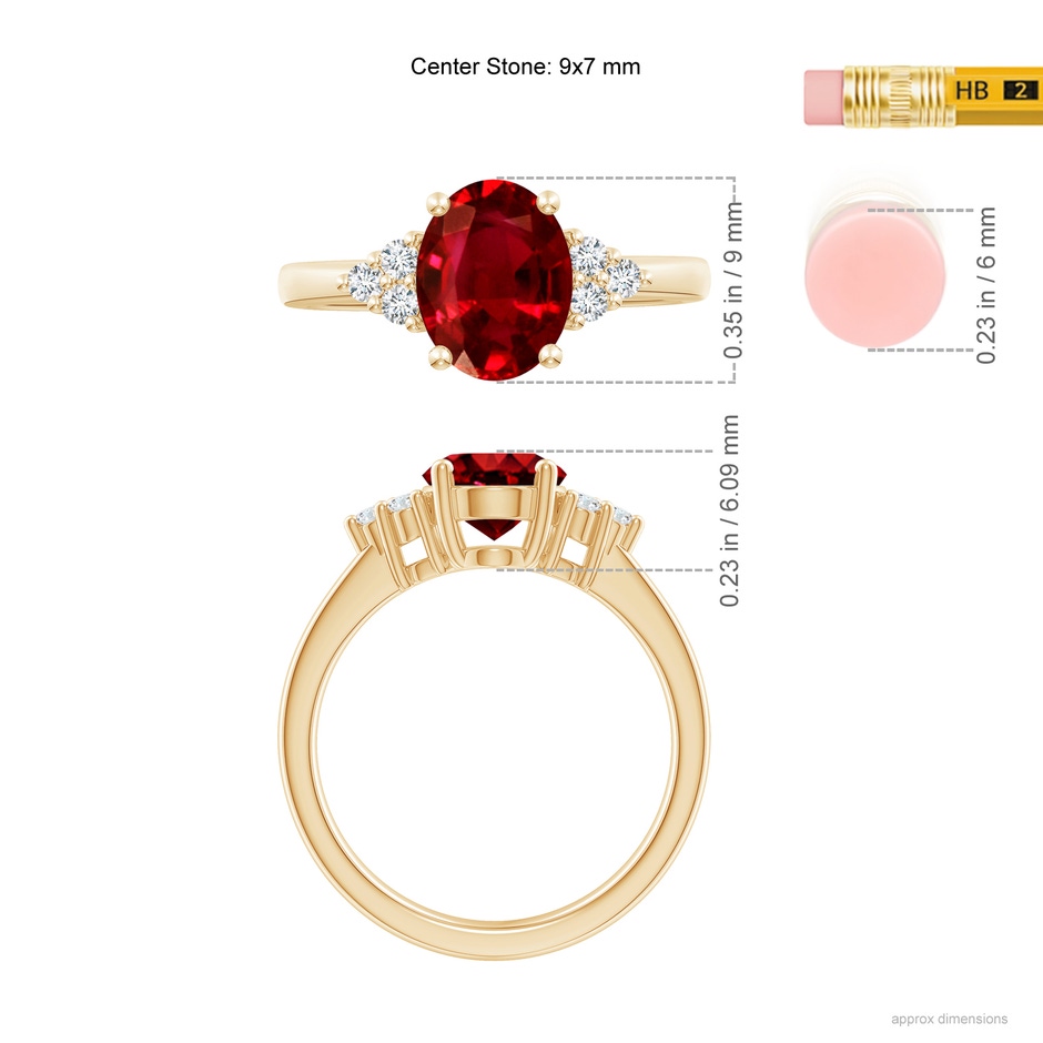 9x7mm AAAA Solitaire Oval Ruby and Diamond Promise Ring in Yellow Gold ruler