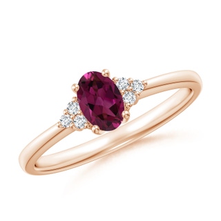 6x4mm AAAA Solitaire Oval Rhodolite Ring with Trio Diamond Accents in Rose Gold