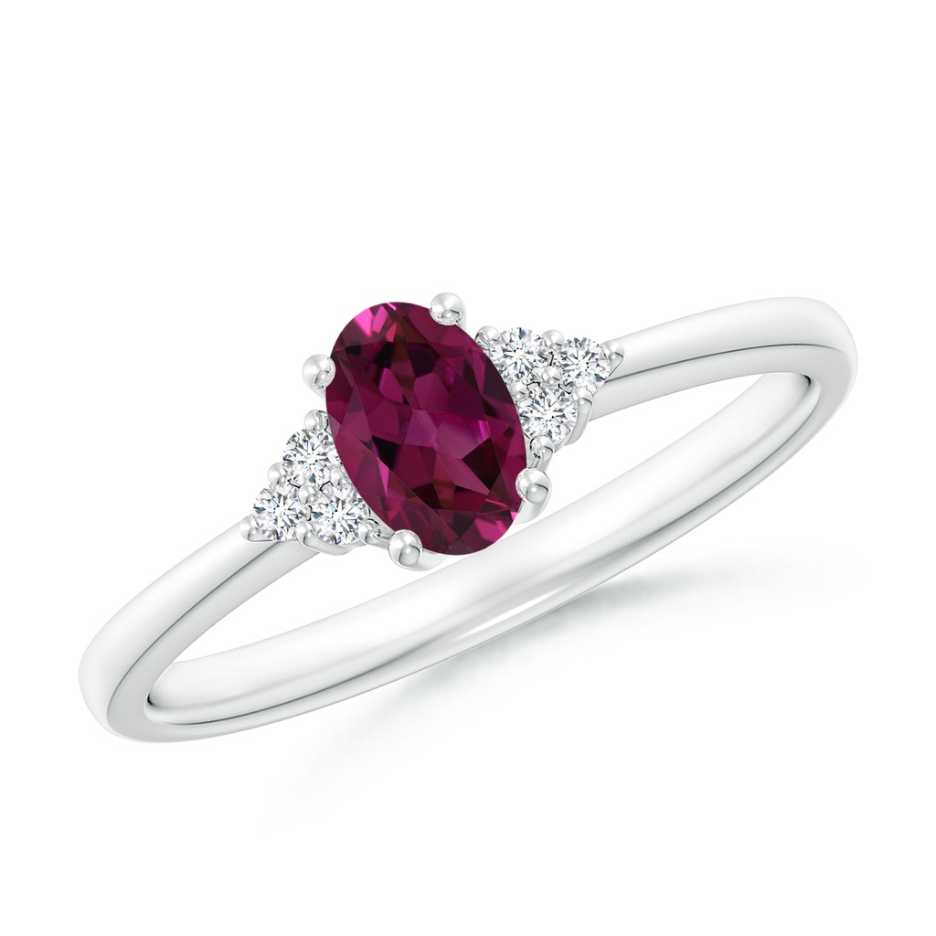 6x4mm AAAA Solitaire Oval Rhodolite Ring with Trio Diamond Accents in White Gold