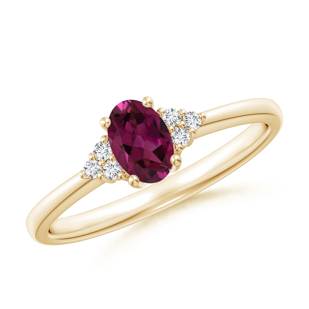 6x4mm AAAA Solitaire Oval Rhodolite Ring with Trio Diamond Accents in Yellow Gold