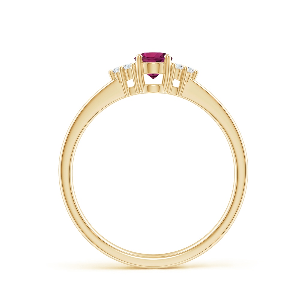 6x4mm AAAA Solitaire Oval Rhodolite Ring with Trio Diamond Accents in Yellow Gold Side 1