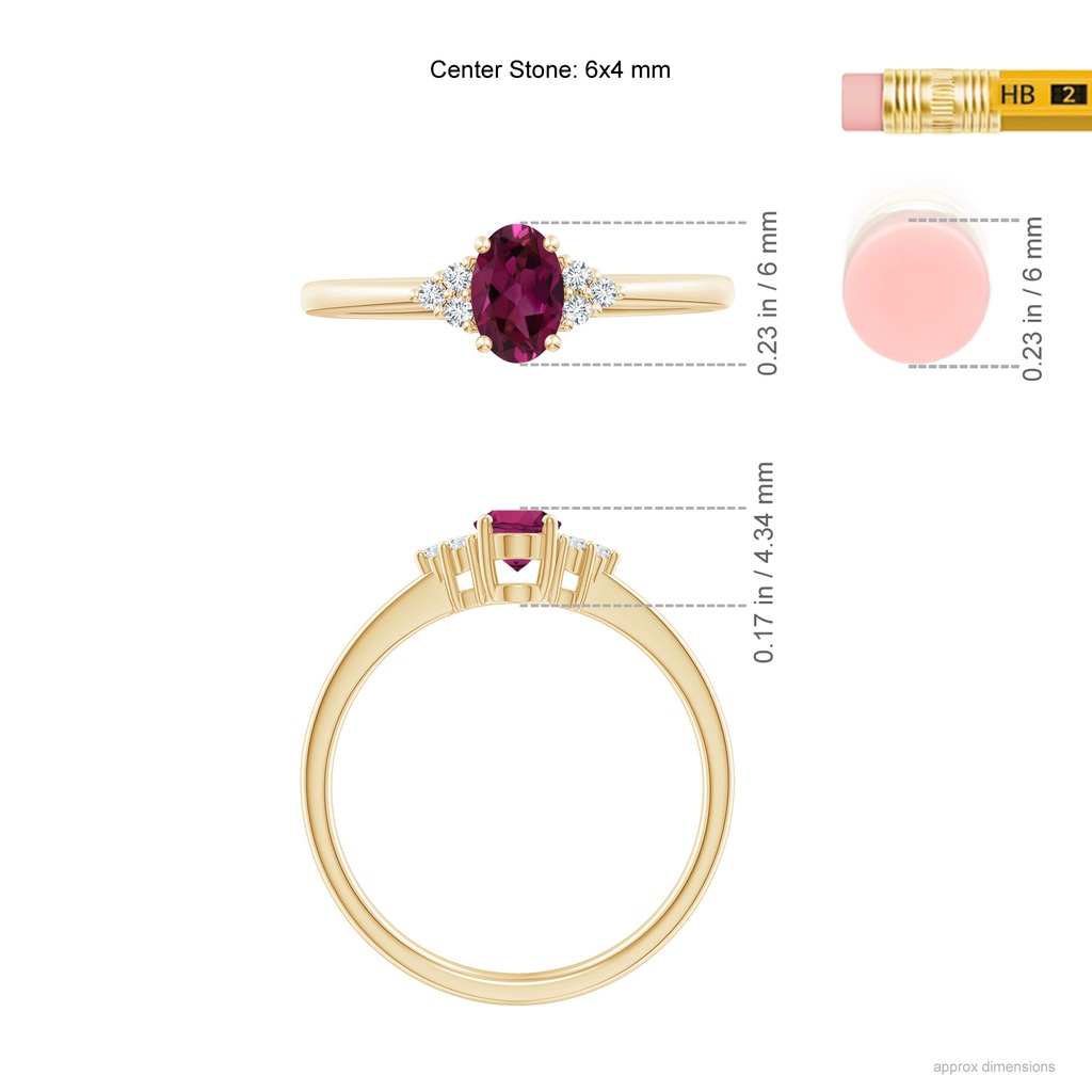 6x4mm AAAA Solitaire Oval Rhodolite Ring with Trio Diamond Accents in Yellow Gold Ruler