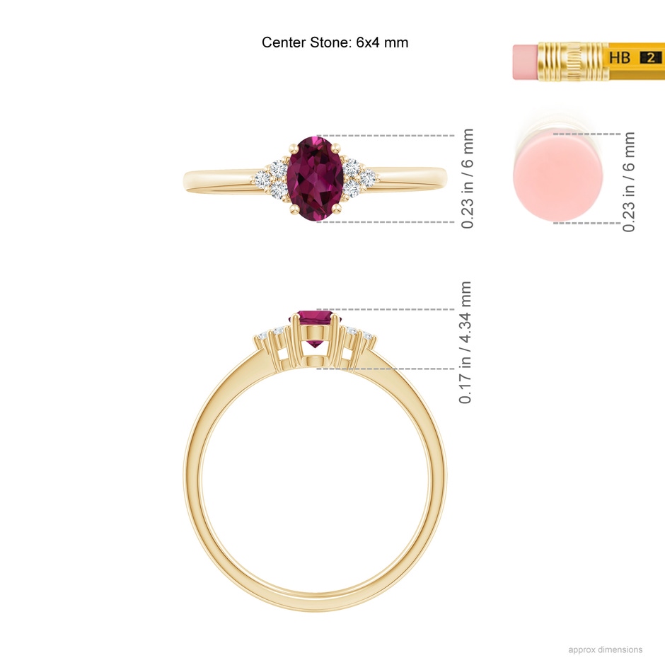 6x4mm AAAA Solitaire Oval Rhodolite Ring with Trio Diamond Accents in Yellow Gold ruler