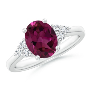 9x7mm AAAA Solitaire Oval Rhodolite Ring with Trio Diamond Accents in P950 Platinum