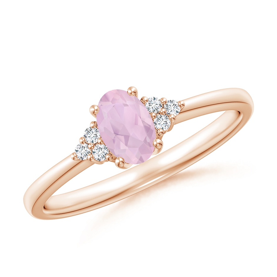 6x4mm AAA Solitaire Oval Rose Quartz Ring with Trio Diamond Accents in Rose Gold 