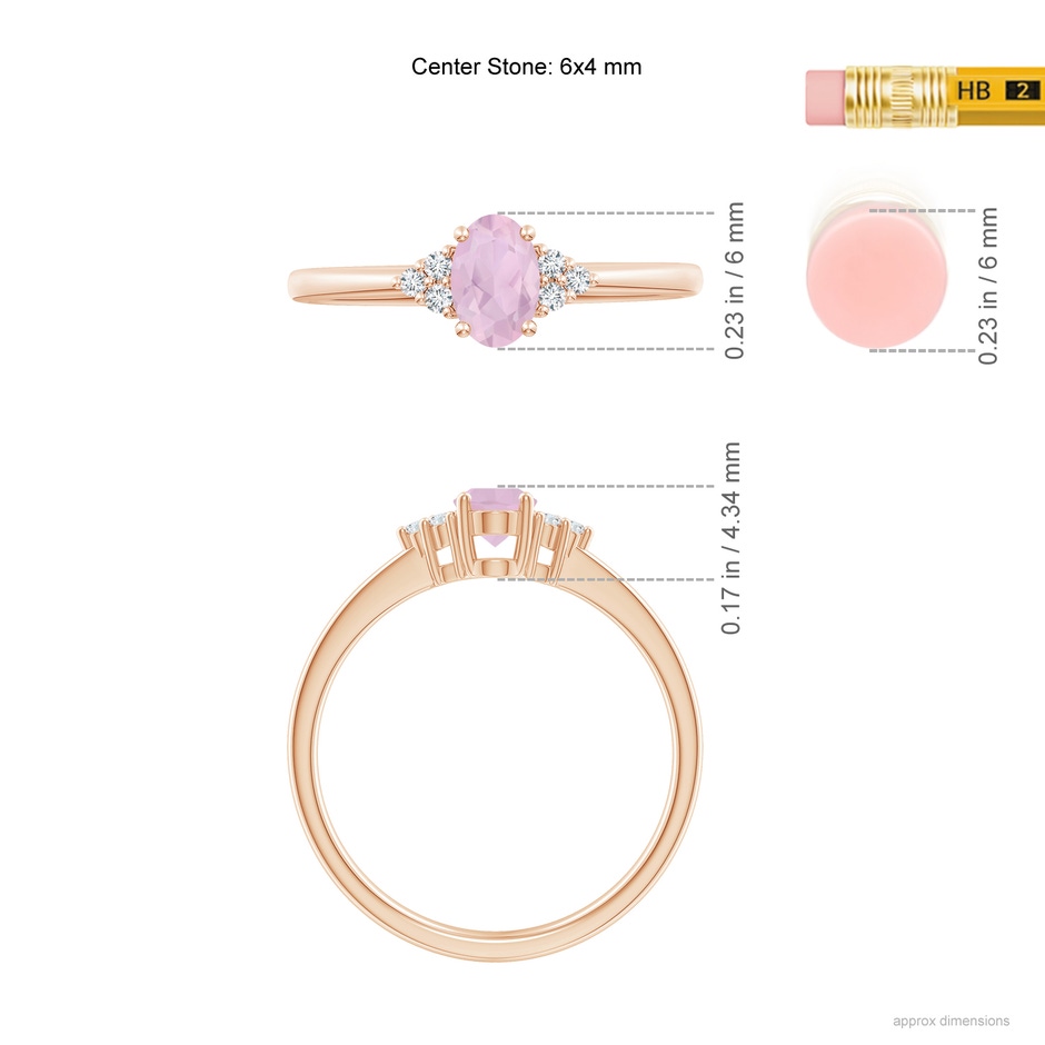 6x4mm AAA Solitaire Oval Rose Quartz Ring with Trio Diamond Accents in Rose Gold ruler