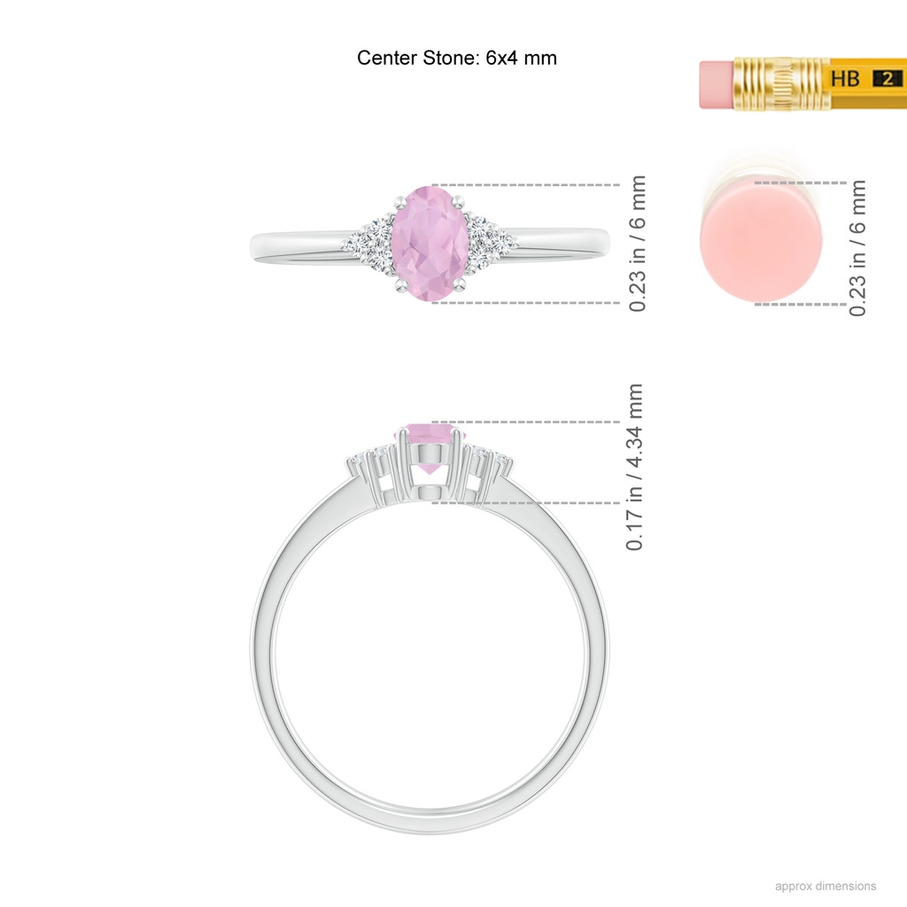 6x4mm AAAA Solitaire Oval Rose Quartz Ring with Trio Diamond Accents in P950 Platinum Ruler