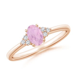 6x4mm AAAA Solitaire Oval Rose Quartz Ring with Trio Diamond Accents in Rose Gold