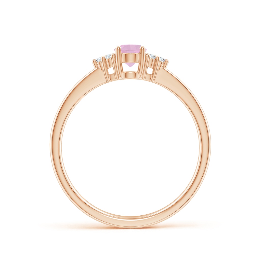6x4mm AAAA Solitaire Oval Rose Quartz Ring with Trio Diamond Accents in Rose Gold - side 1