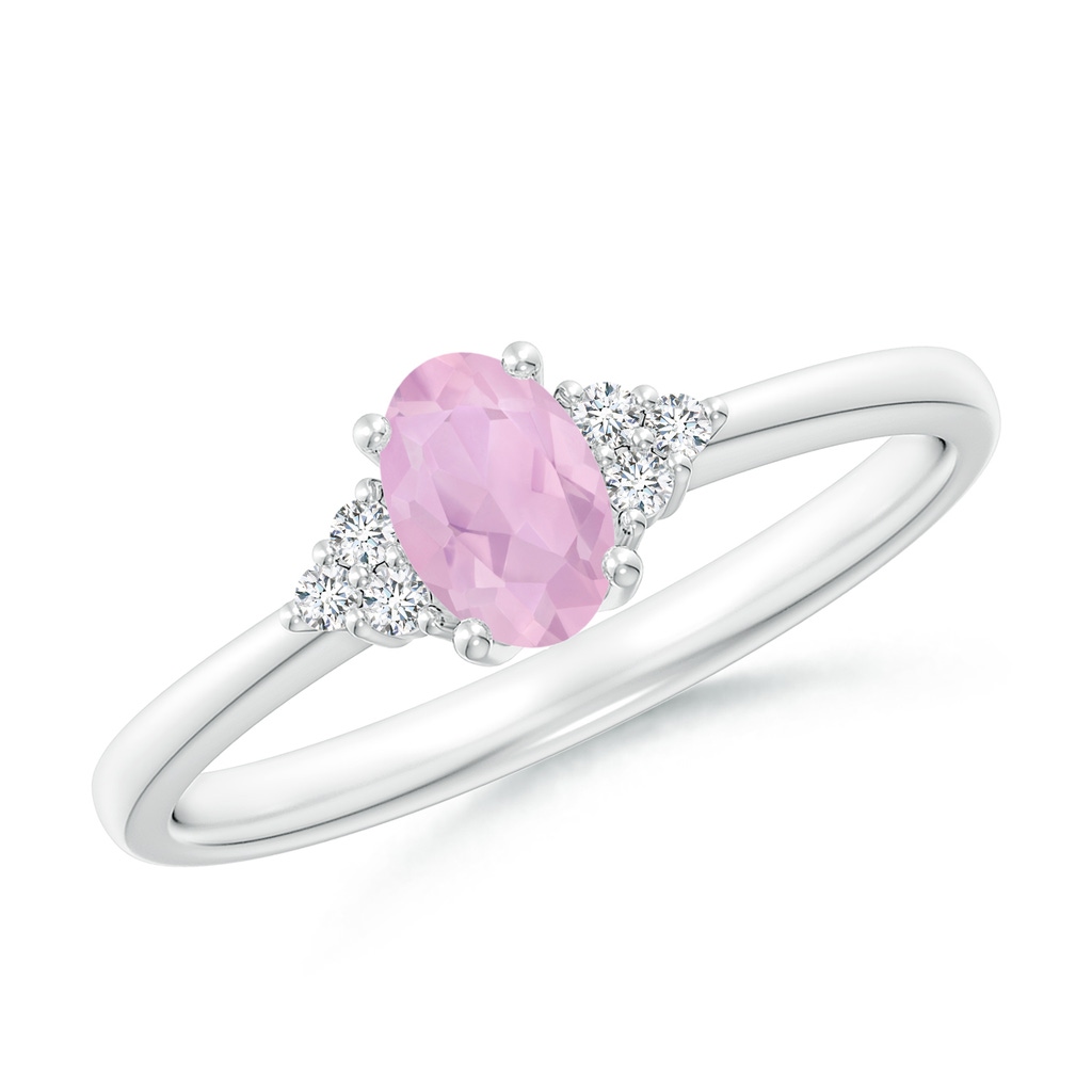 6x4mm AAAA Solitaire Oval Rose Quartz Ring with Trio Diamond Accents in White Gold