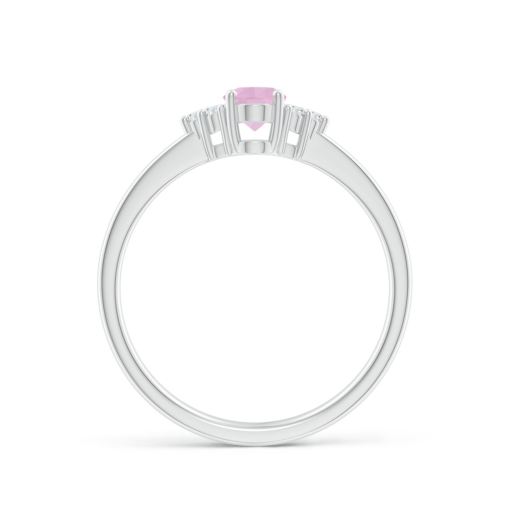 6x4mm AAAA Solitaire Oval Rose Quartz Ring with Trio Diamond Accents in White Gold - side 1