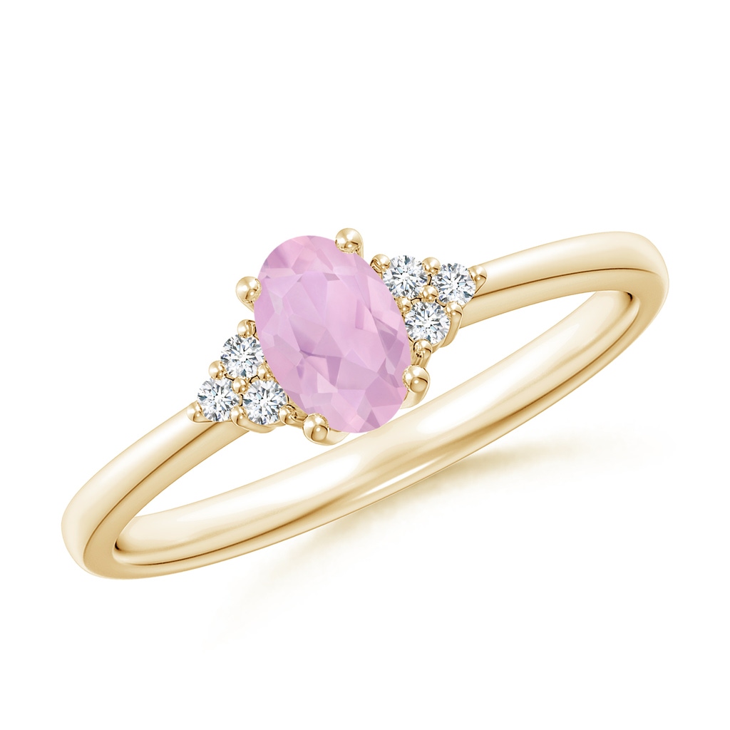 6x4mm AAAA Solitaire Oval Rose Quartz Ring with Trio Diamond Accents in Yellow Gold