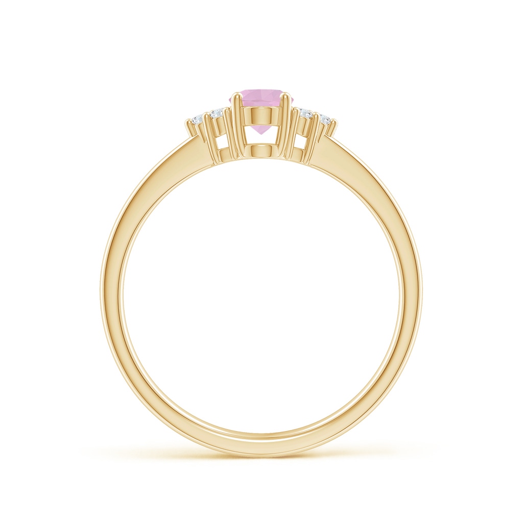 6x4mm AAAA Solitaire Oval Rose Quartz Ring with Trio Diamond Accents in Yellow Gold - side 1