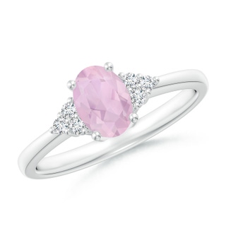 7x5mm AAA Solitaire Oval Rose Quartz Ring with Trio Diamond Accents in White Gold