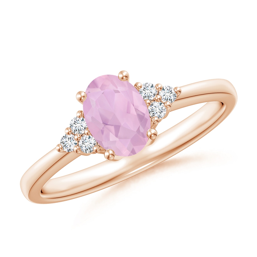 7x5mm AAAA Solitaire Oval Rose Quartz Ring with Trio Diamond Accents in Rose Gold