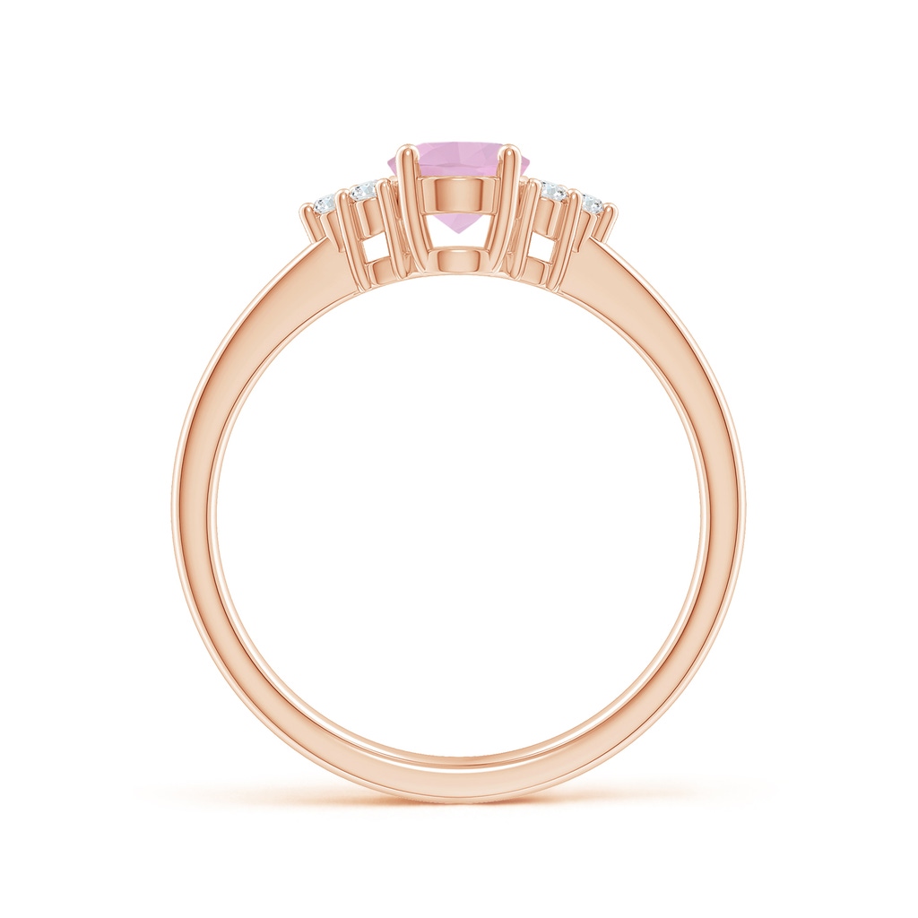 7x5mm AAAA Solitaire Oval Rose Quartz Ring with Trio Diamond Accents in Rose Gold Side 1
