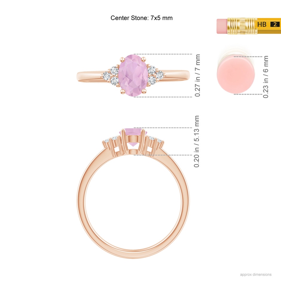 7x5mm AAAA Solitaire Oval Rose Quartz Ring with Trio Diamond Accents in Rose Gold ruler