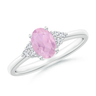 7x5mm AAAA Solitaire Oval Rose Quartz Ring with Trio Diamond Accents in White Gold