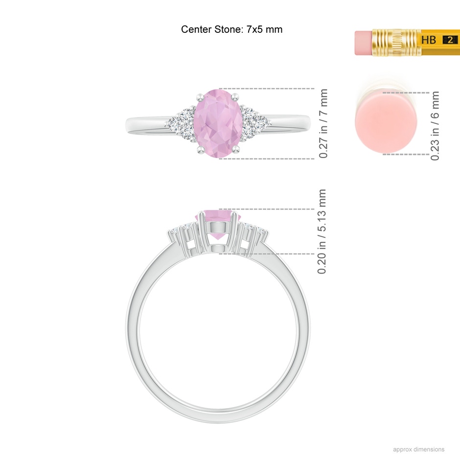 7x5mm AAAA Solitaire Oval Rose Quartz Ring with Trio Diamond Accents in White Gold ruler