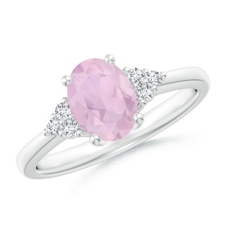 8x6mm AAA Solitaire Oval Rose Quartz Ring with Trio Diamond Accents in White Gold