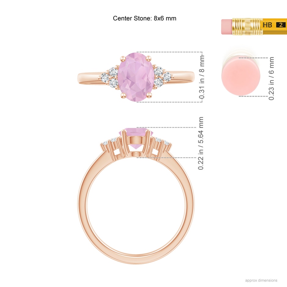 8x6mm AAAA Solitaire Oval Rose Quartz Ring with Trio Diamond Accents in Rose Gold ruler